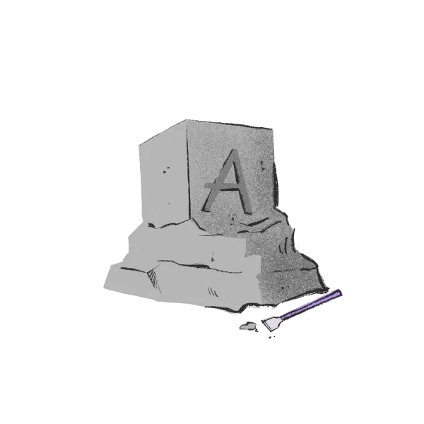 A stone block carved with the letter A, chipped at the base.