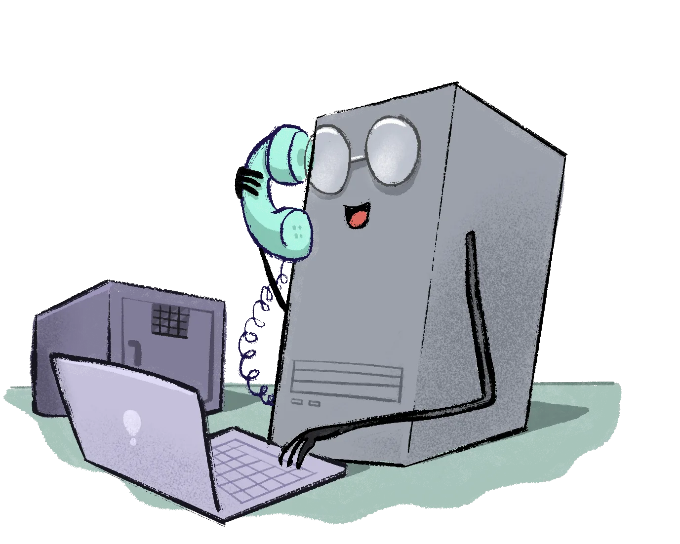 A grey computer tower with round glasses chats on the phone while typing on a laptop.