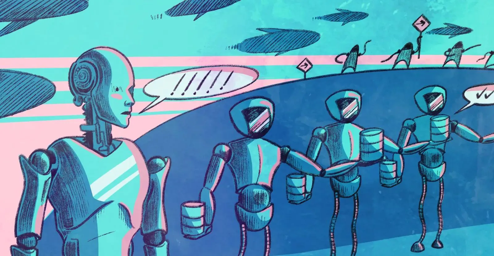 A humanoid robot watches a line of robots, arm in arm & carrying cans, cross a blue landscape.