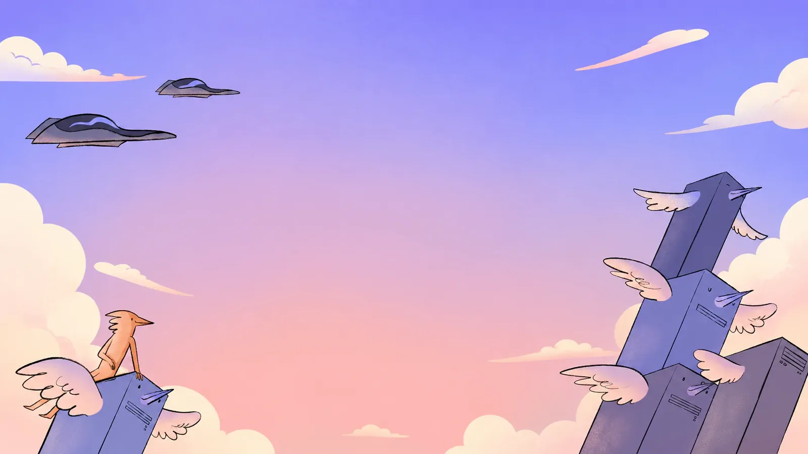 Winged server towers rise into a violet-to-peach sky, with paper planes overhead & a fox perched on one.