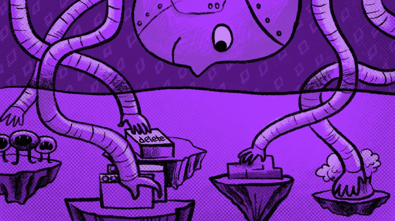 A purple robot with long tentacle arms presses buttons, one labeled delete, on floating islands.