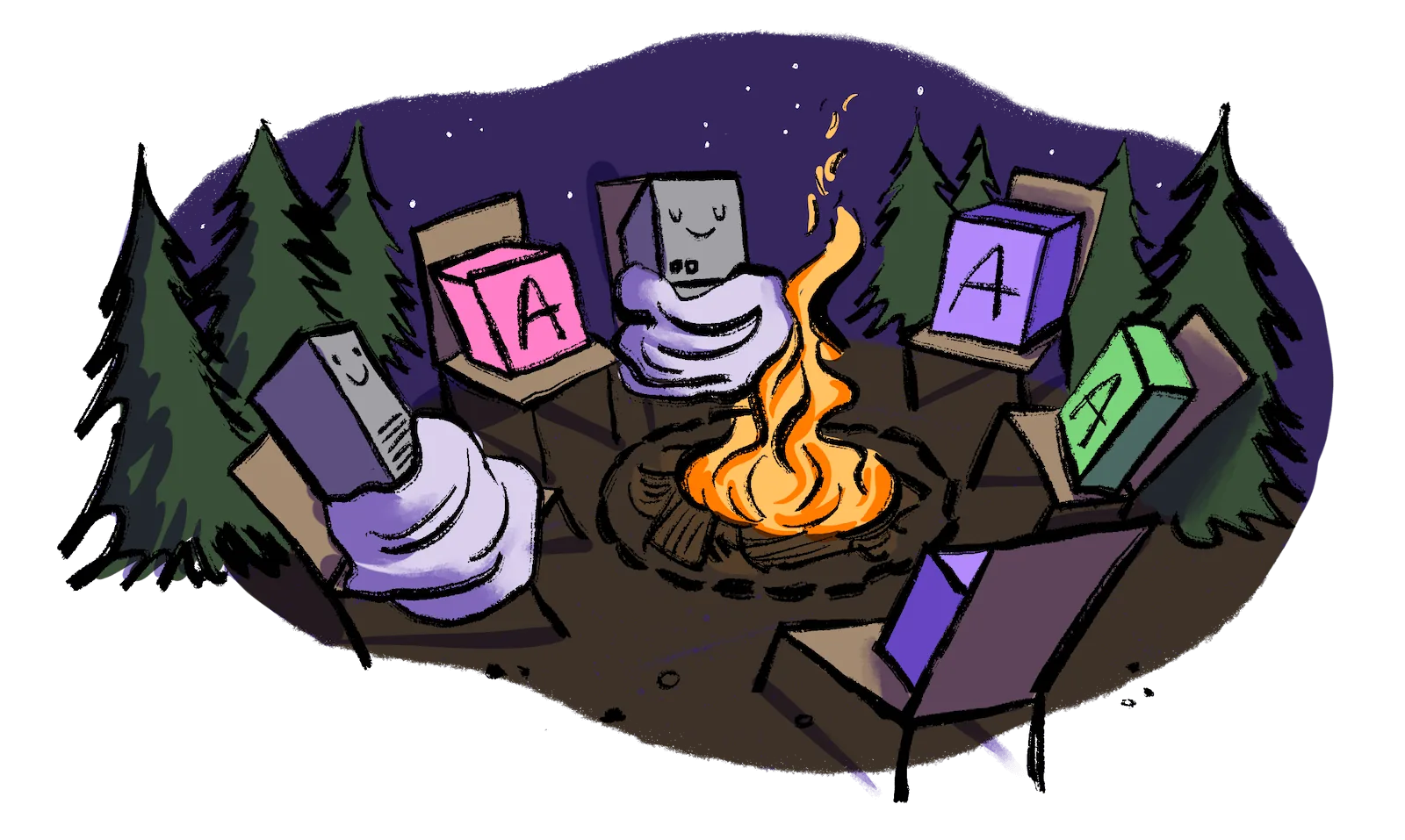 App-block characters sit in camp chairs around a campfire in a forest at night.