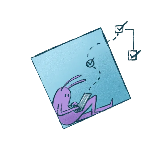 A rabbit types on a laptop inside a tilted blue box, next to a checklist.