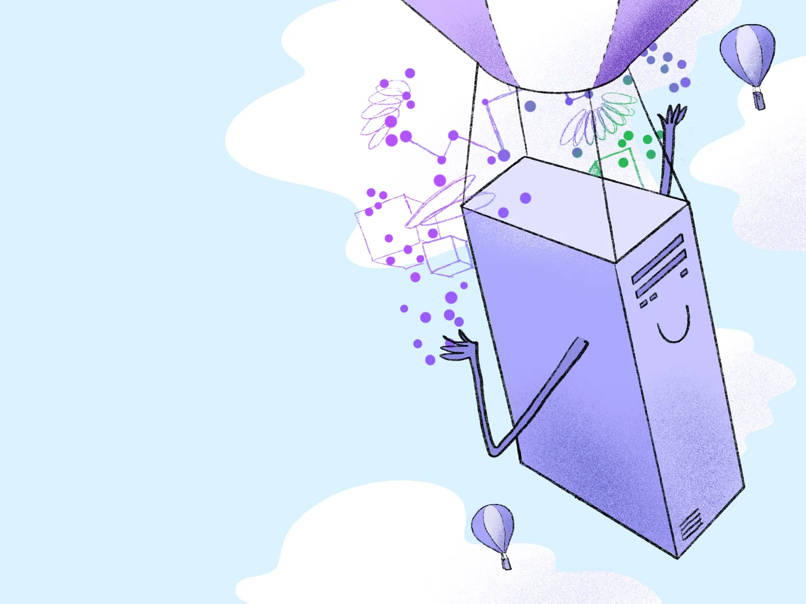 A smiling server hangs from a balloon in a pale blue sky, scattering bits of data.