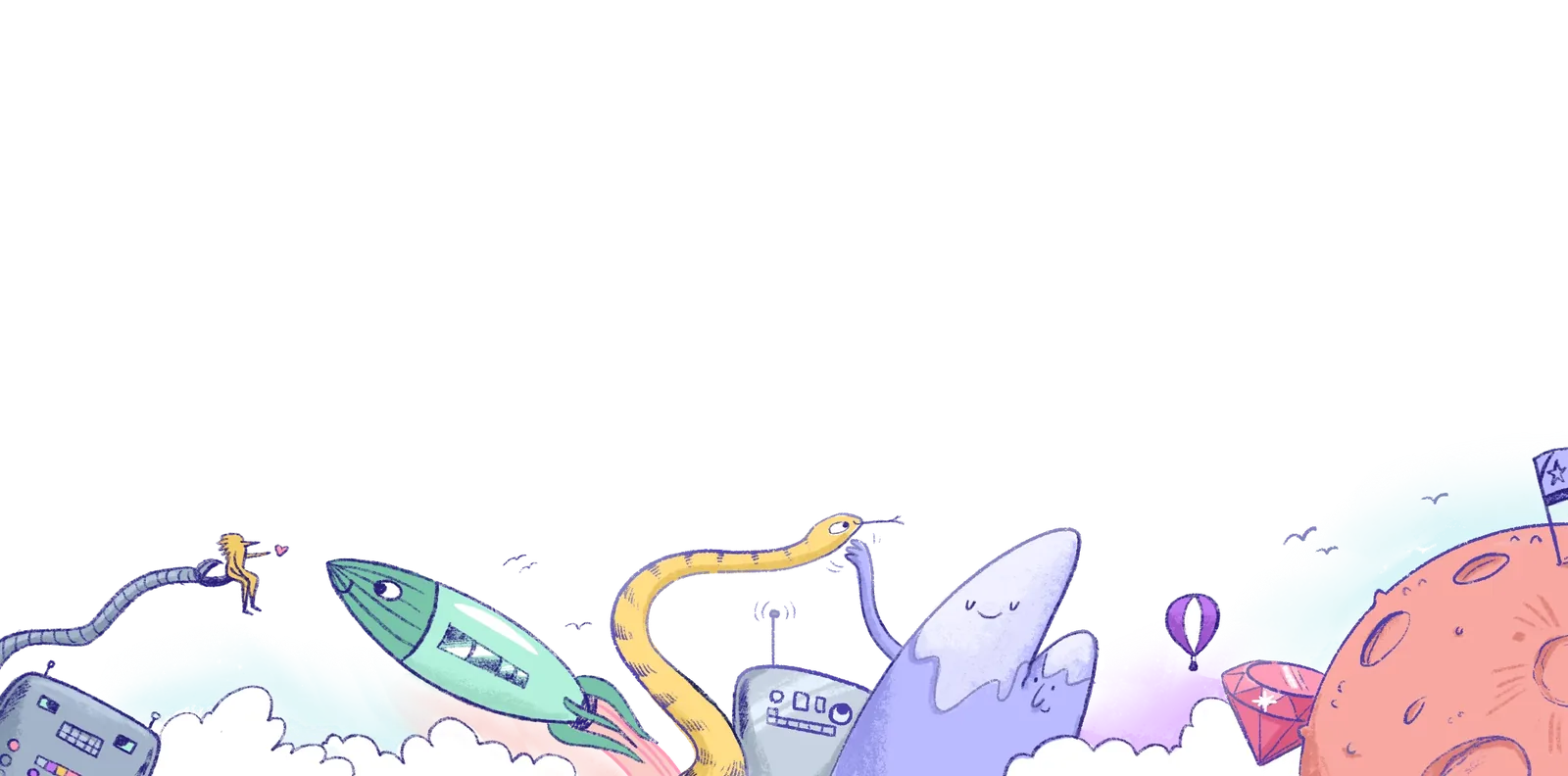 A band of characters along the bottom: a rocket, a snake, a robot, a ghost & a red planet, on a transparent sky.