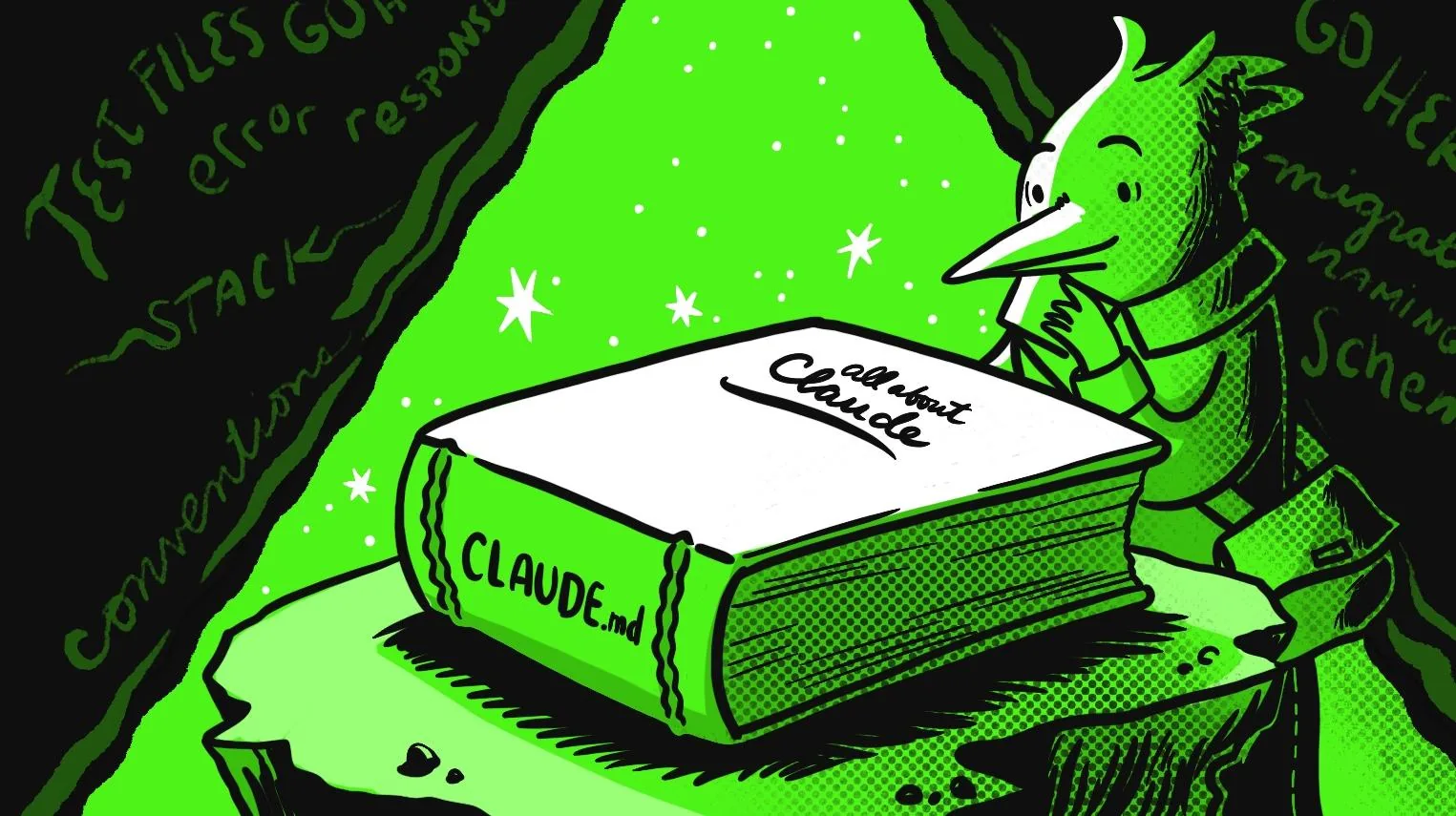A green creature sits beside a giant book labeled CLAUDE.md on a bright green background.