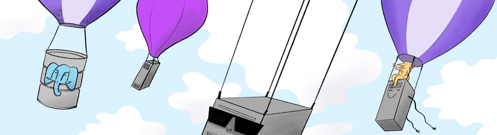 Hot-air balloons carry servers, a Postgres elephant & a sunglasses-wearing machine through a cloudy sky.