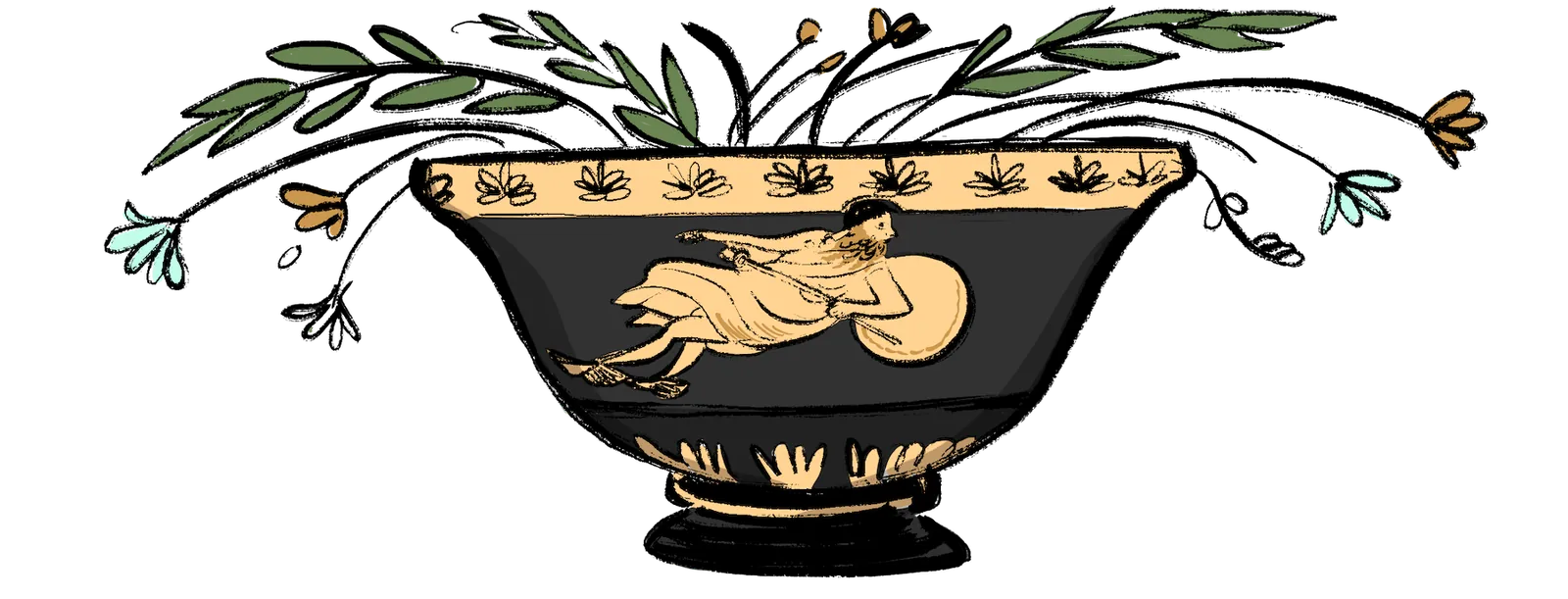 A black Greek vase painted with a golden figure, sprouting leafy branches.