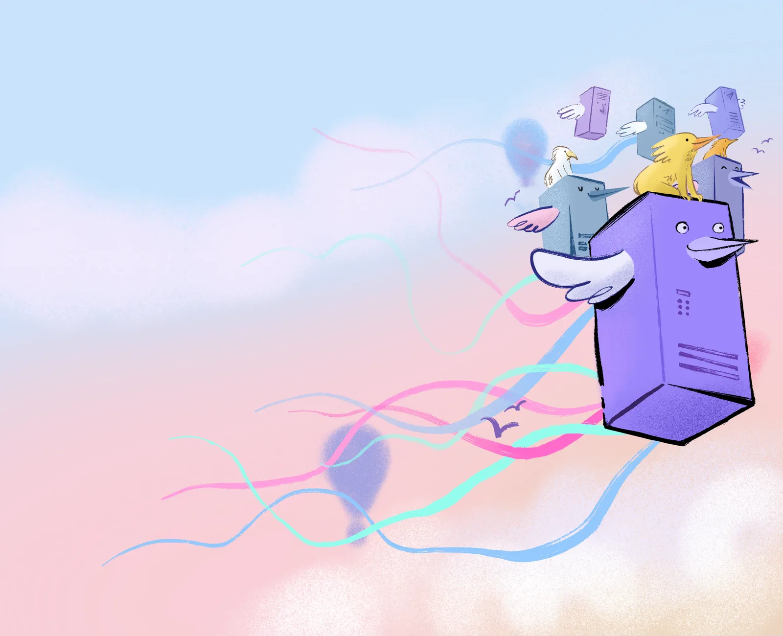 A winged server carries birds & small machines through a pastel sky trailing colorful ribbons.