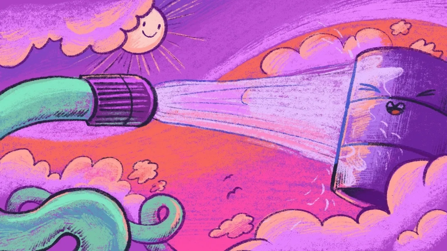 A garden hose sprays water at a grinning purple canister under a sunny pink sky.