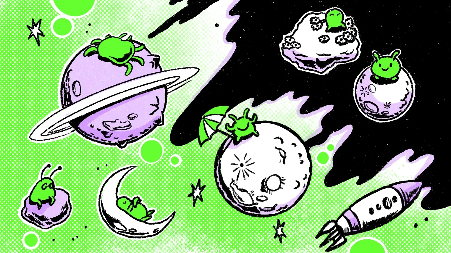 Green creatures explore planets, moons & a rocket in a black-and-white comic-style space scene.