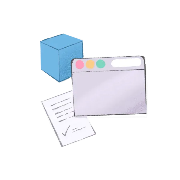 A blue cube, a browser window & a signed document float together.