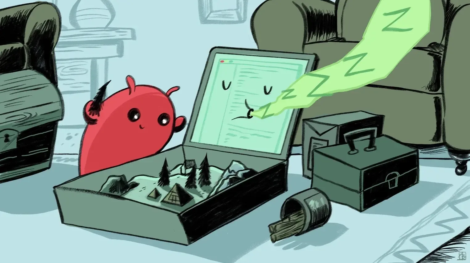 A red creature naps beside an open laptop & toolboxes in a cozy room.