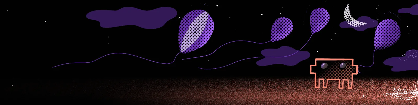 Purple patterned balloons drift past a crescent moon above a dark field & a small pixel creature.