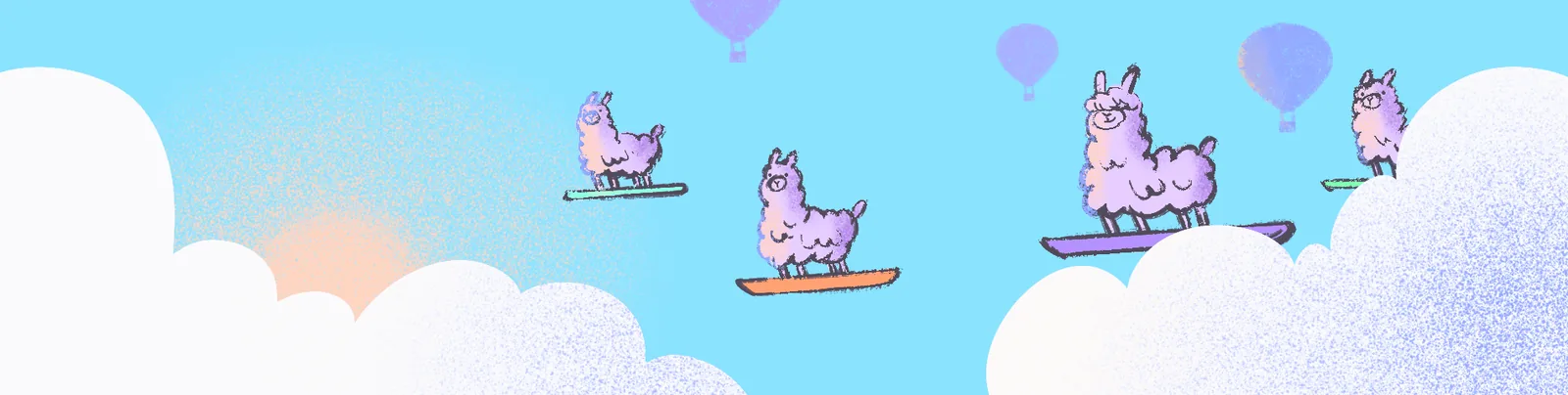 Fluffy llamas surf on floating boards through a bright blue sky past white clouds & balloons.