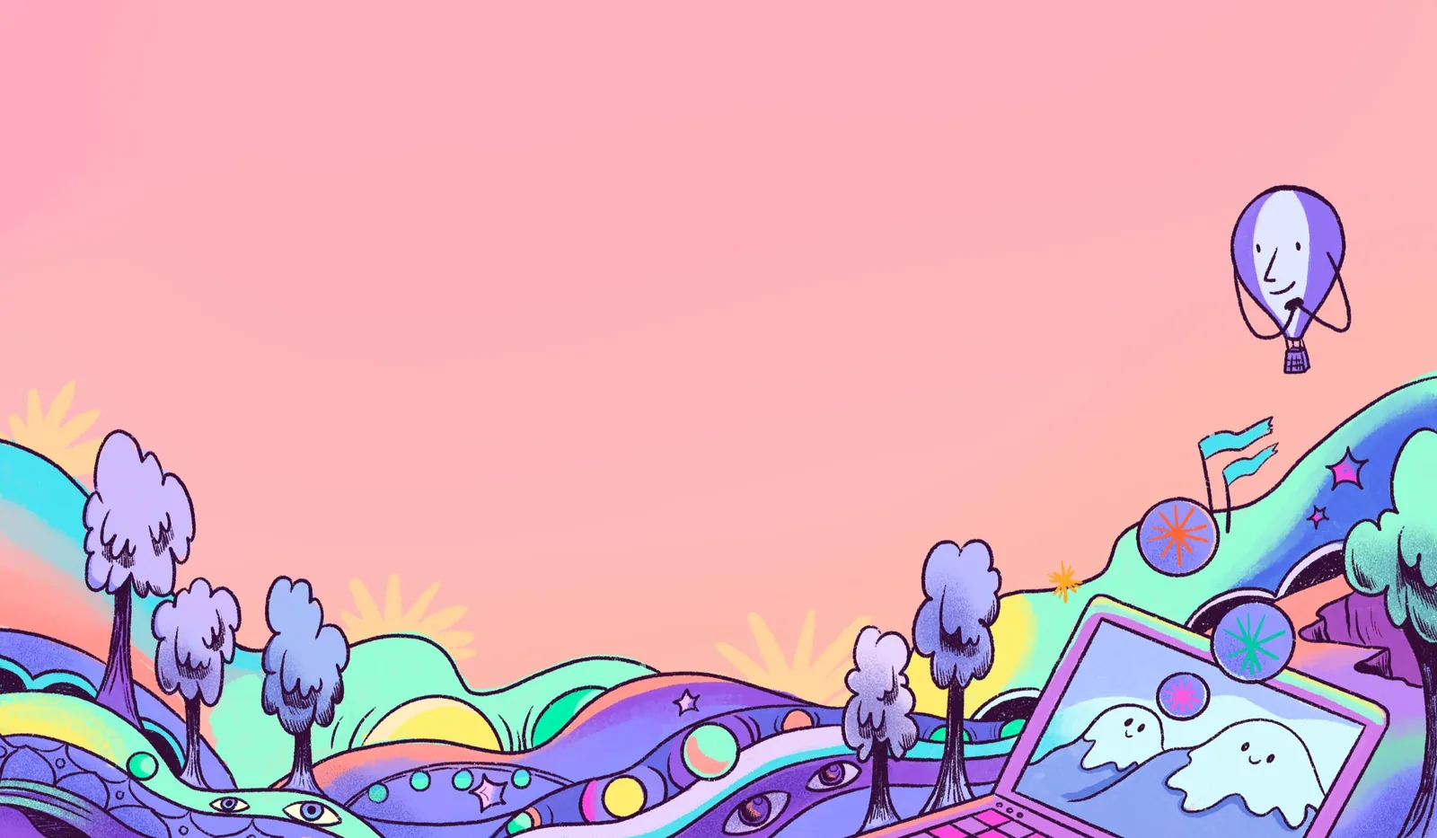 A pink sky over colorful hills, trees & a laptop, with a smiling Fly.io balloon.