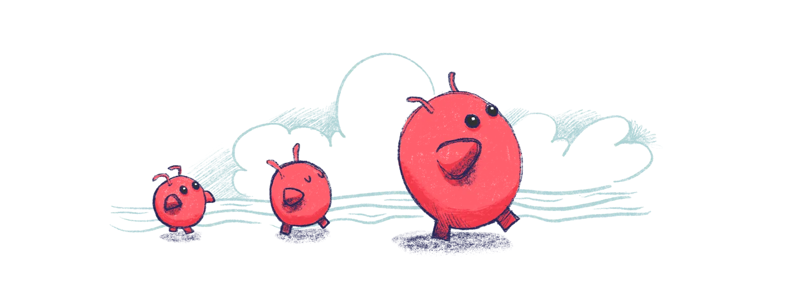 Three round red bird-like creatures walk in a line, the biggest in front.