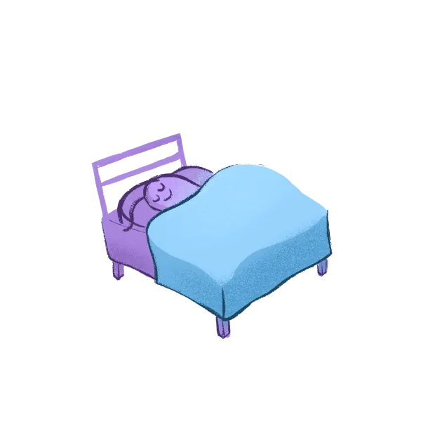 A small character sleeps in a cozy blue bed.