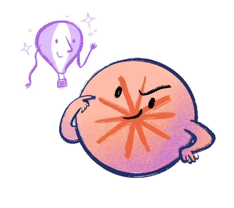 A grumpy orange ball scowls next to a cheerful Fly.io balloon.