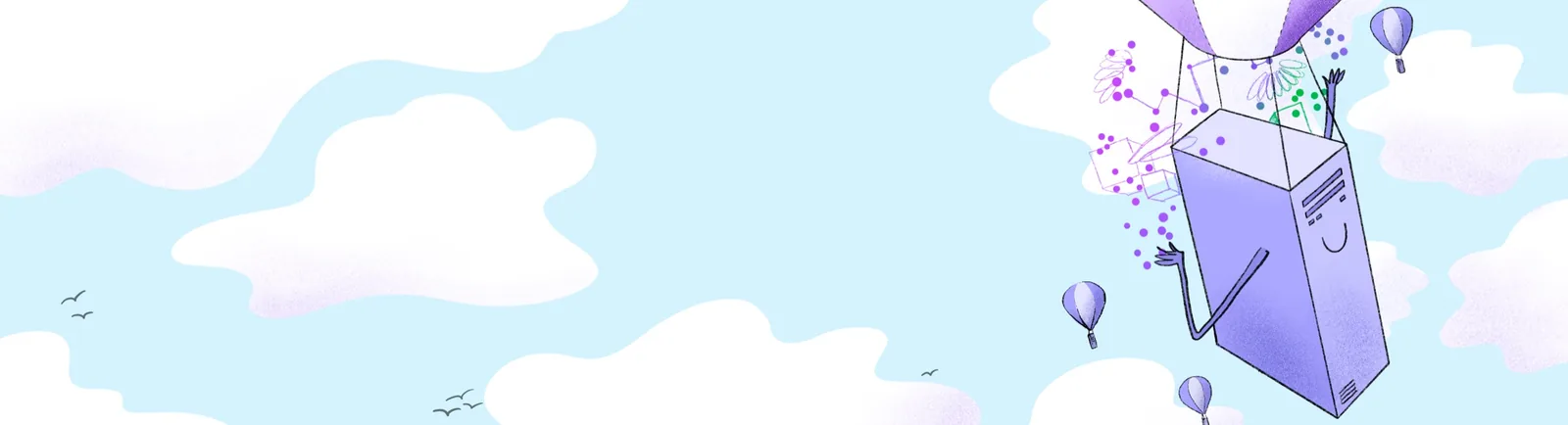 A smiling server carried by a balloon floats through a light blue sky with clouds.