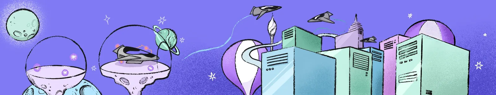 A violet space city of glass domes, server towers & spaceships under planets & stars.