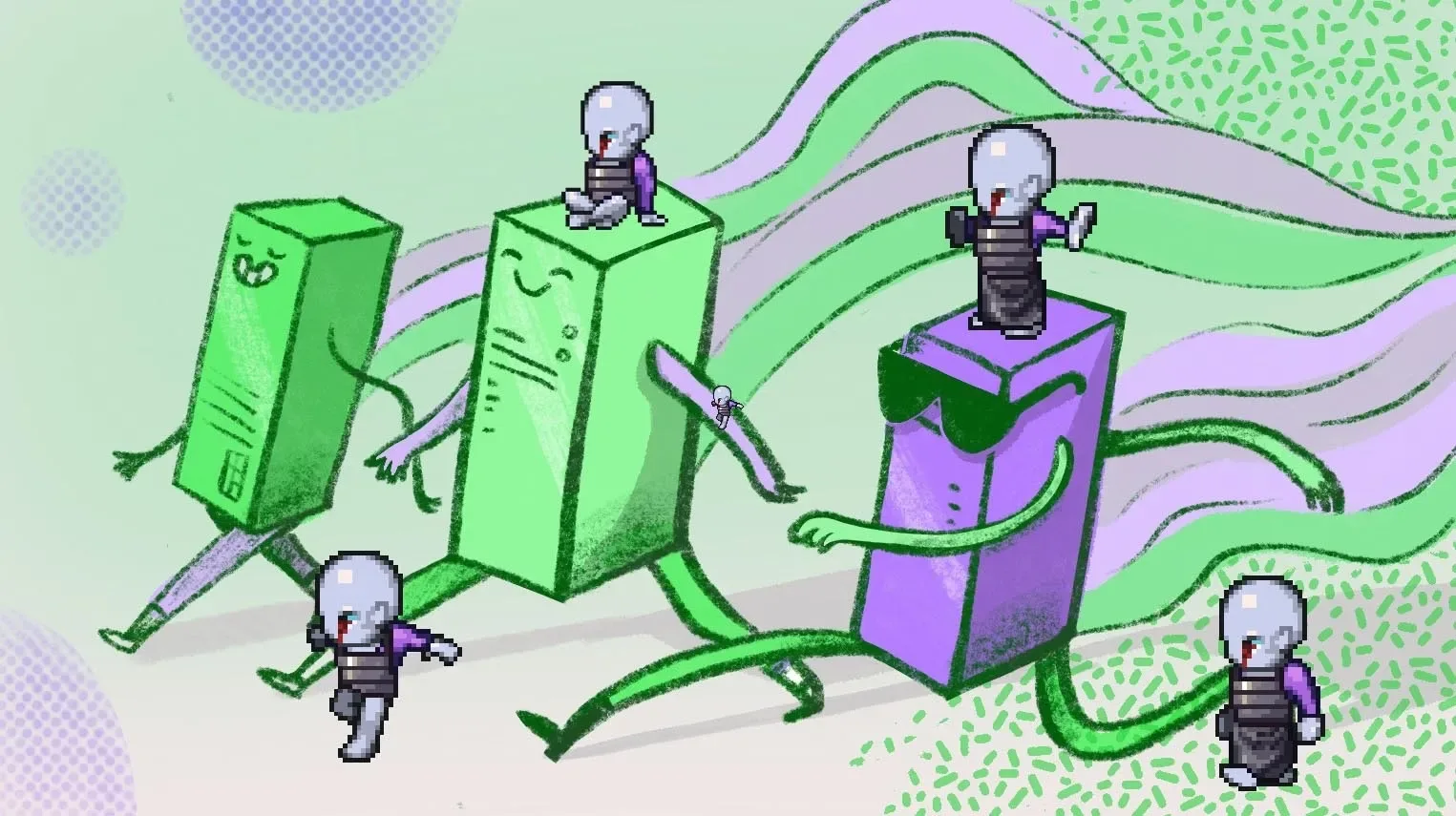 Green & purple server characters with lightbulb heads stroll together on a pale green background.