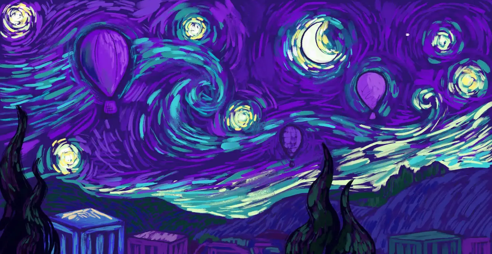 A Van Gogh–style swirling night sky with hot-air balloons, a crescent moon & glowing stars over a sleeping town.