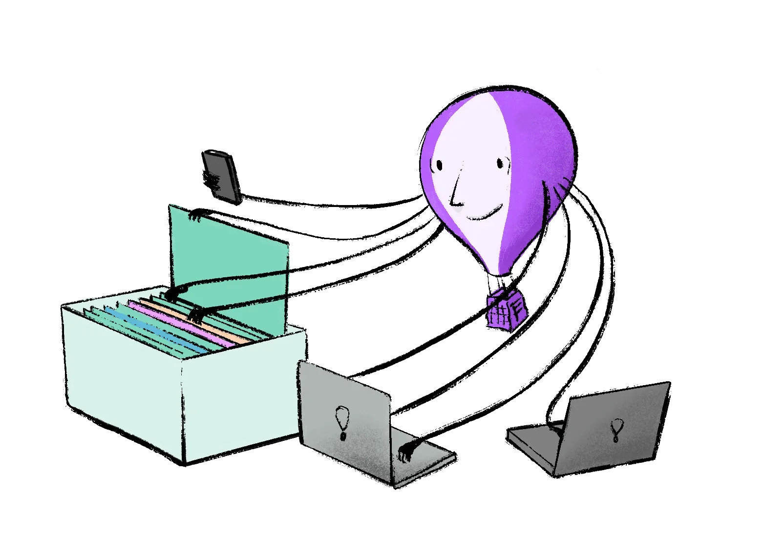 A Fly.io balloon character hugs a filing cabinet connected by cables to laptops & a phone.
