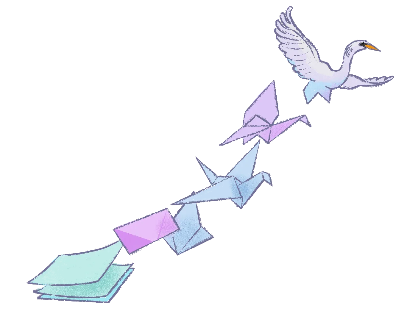 Paper planes made of documents fly up a staircase of steps toward a white bird.