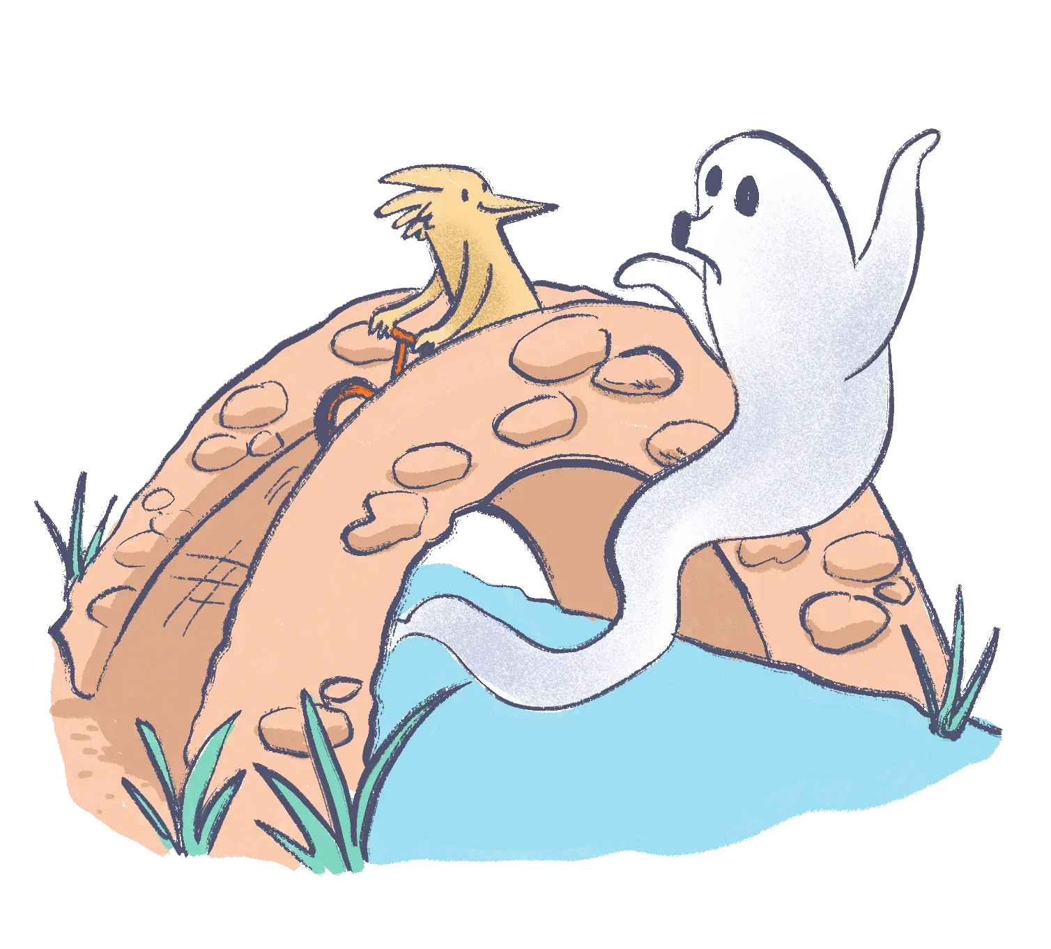 A ghost & a yellow bird sit on top of a round, rocky hill.