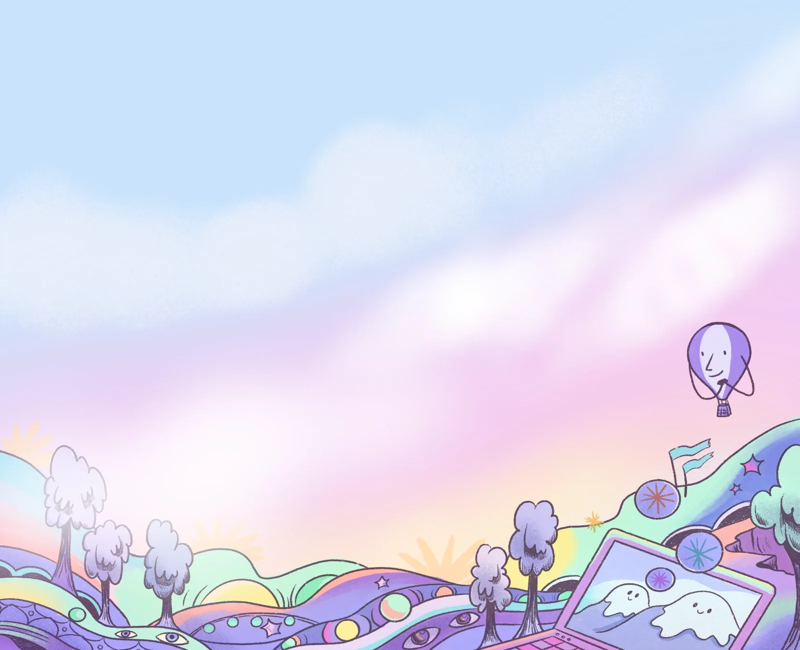 A pastel sky over rolling psychedelic hills, trees & a laptop, with a small Fly.io balloon.