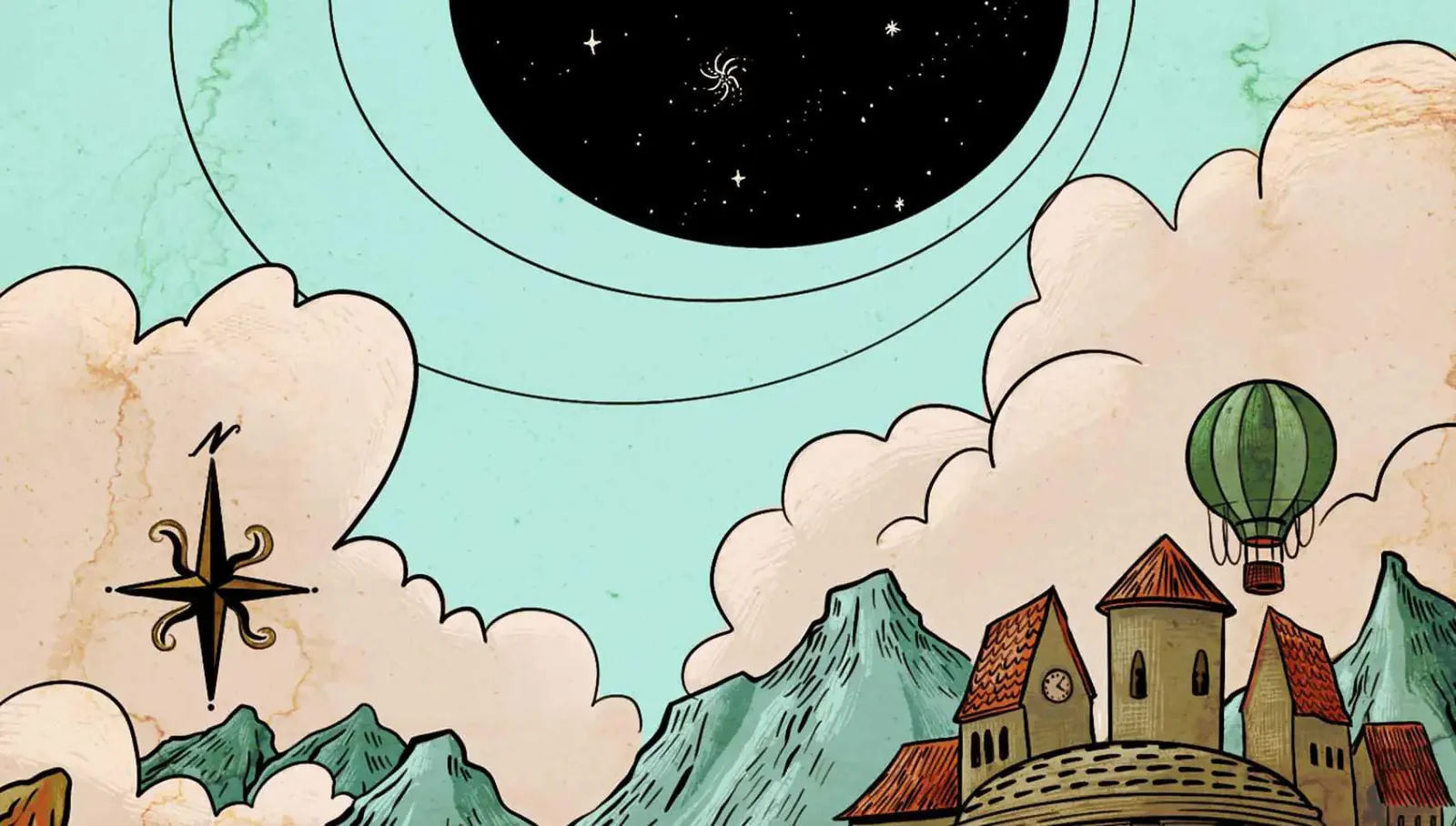 A hot-air balloon drifts over a hilltop town & a compass rose, beneath a starry black circle in a pale mint sky.