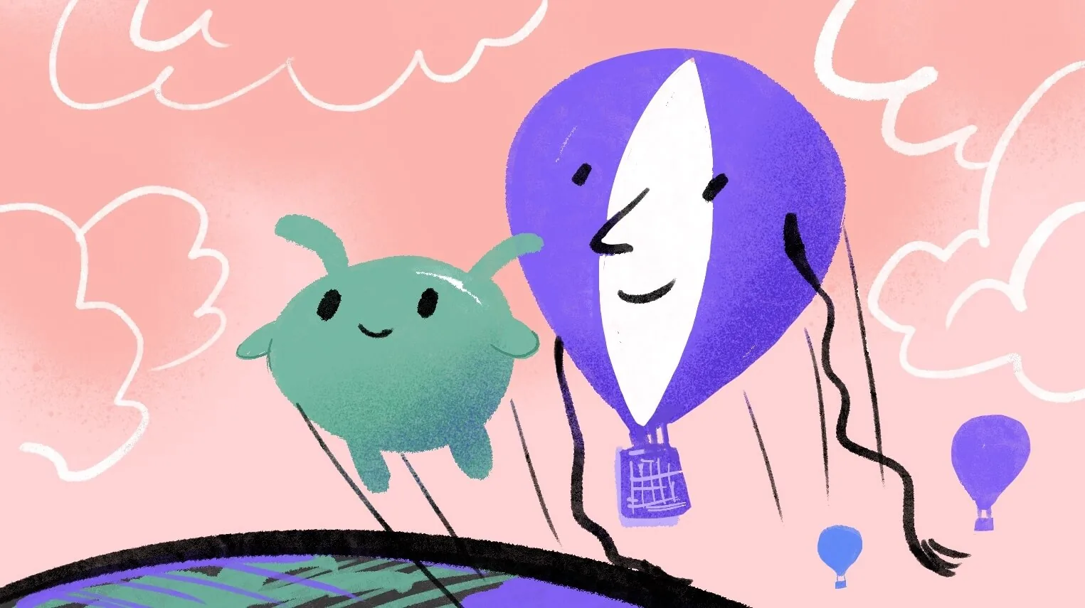 A green creature and a smiling Fly.io balloon float above the Earth in a pink, cloudy sky.