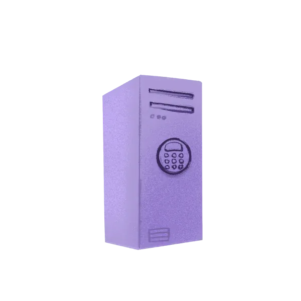 A purple safe with a combination dial.