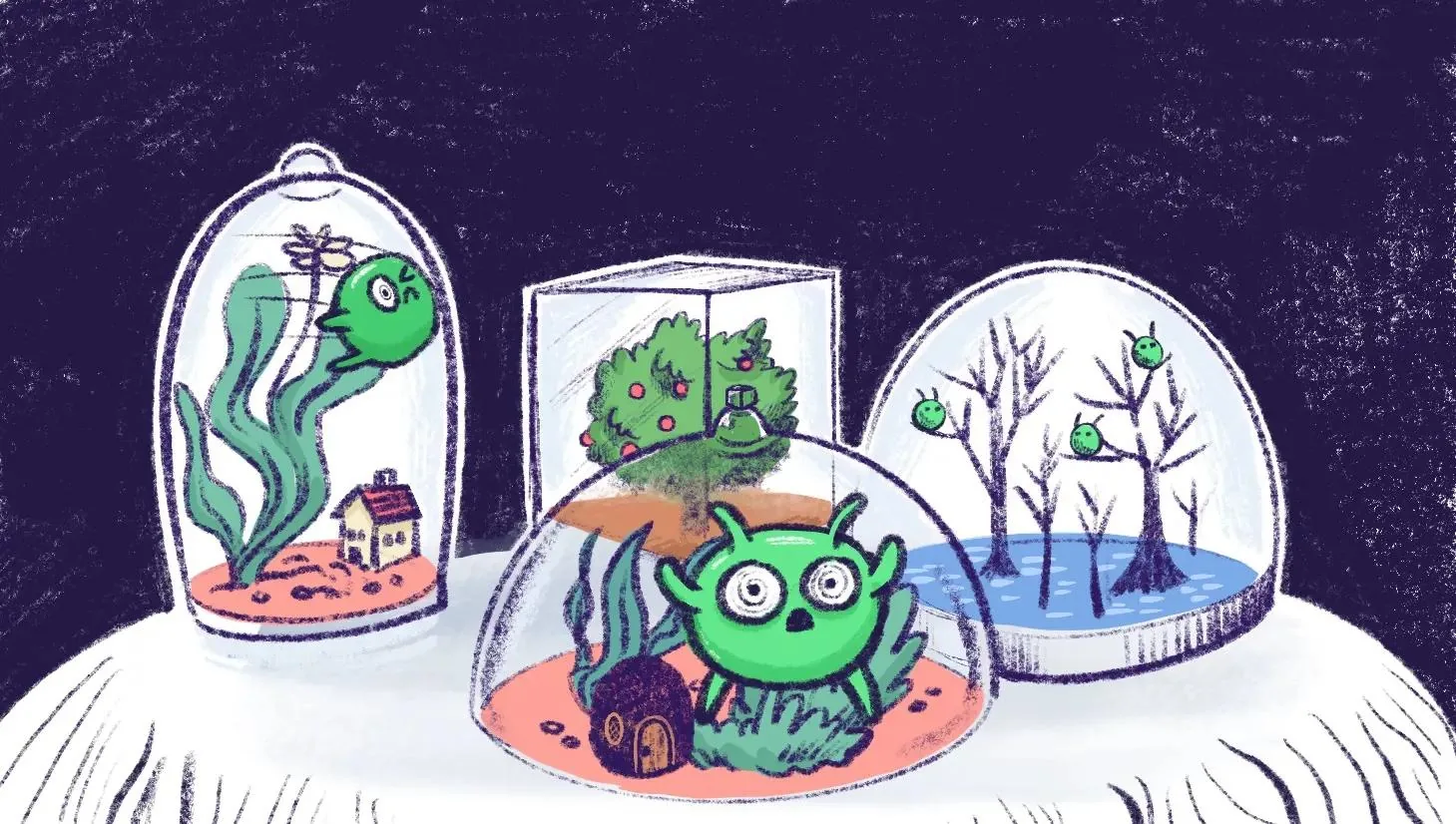 Green creatures & tiny worlds sealed inside glass domes on a dark background.