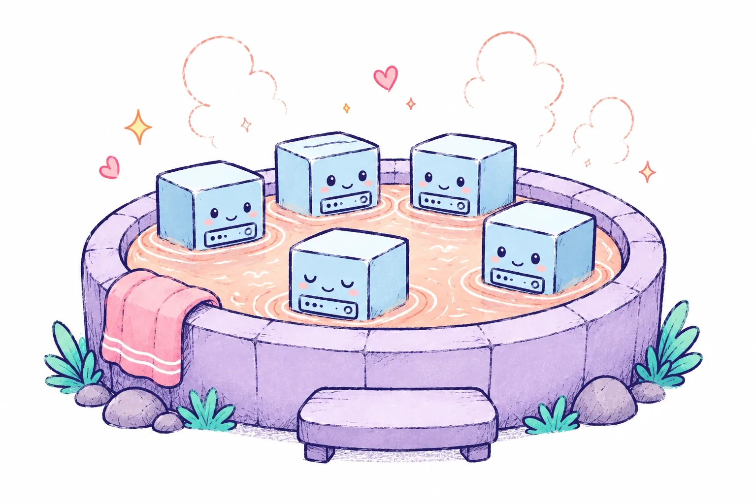 Smiling server cubes relax together in a round hot tub.