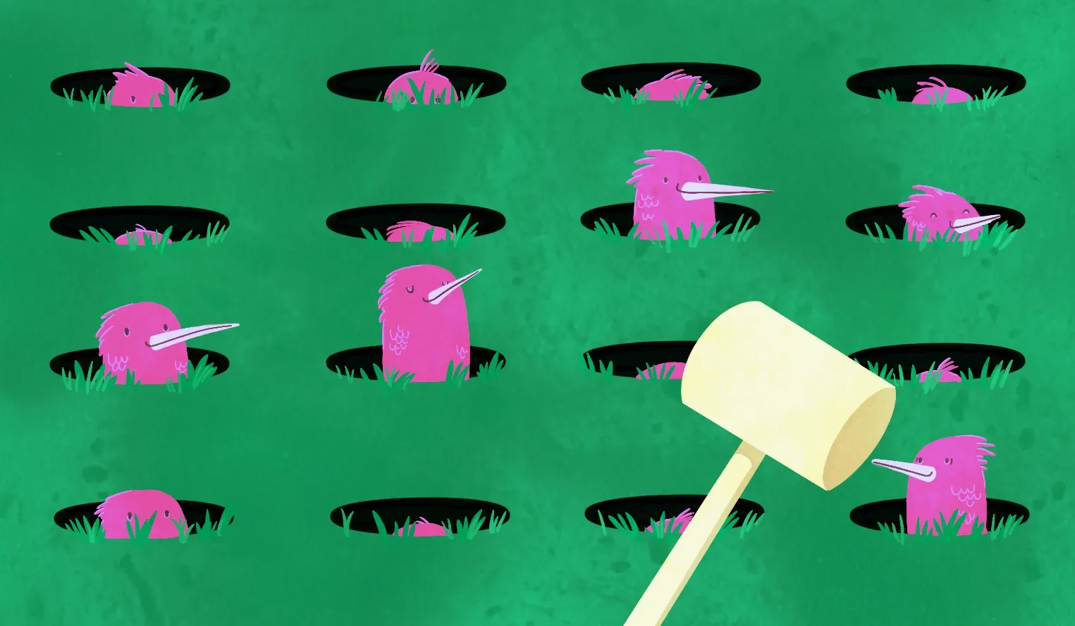 Pink moles pop out of holes in a green field while a wooden mallet swings down.