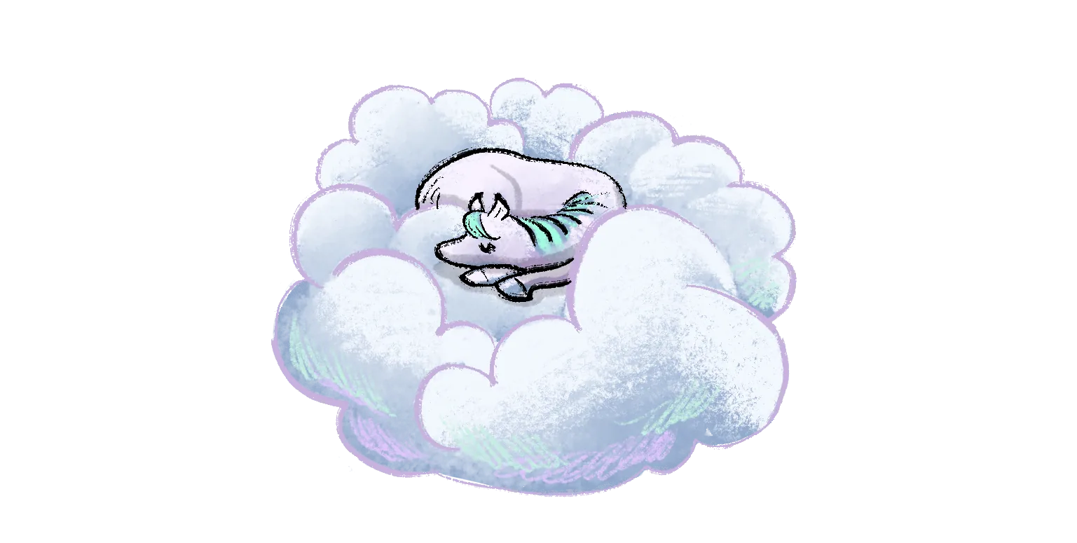A small creature sleeps curled up on a fluffy cloud.